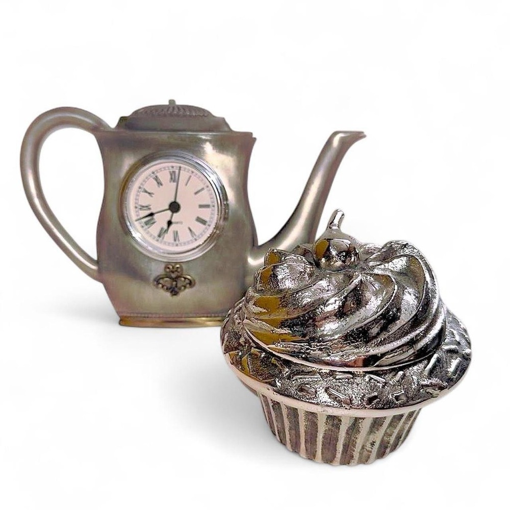 Antique Silver Tone Cupcake Trinket box & Teapot Clock